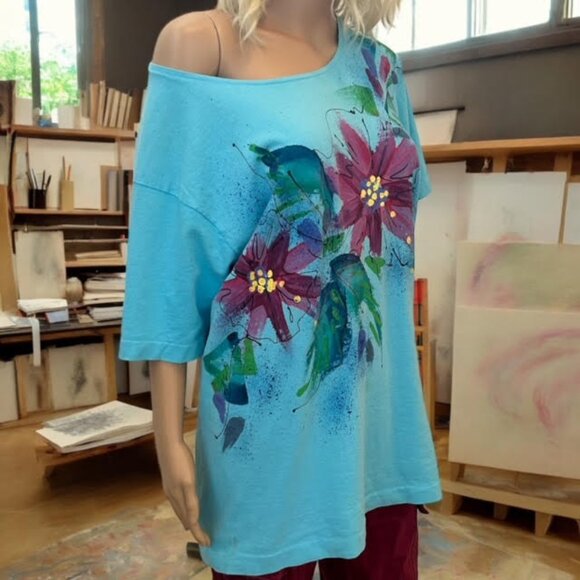 Vintage Single Stitch Hand Painted Wide Neck Blue Floral Graphic Women's T-Shirt - Picture 4 of 7